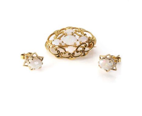 A 9ct gold opal brooch and a pair of 9ct gold opal stud earrings, the brooch claw set with five varisized oval opal cabochons