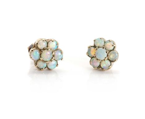 A pair of 9ct gold opal cluster earrings, with a cluster of round cut opals, 10mm diameter, to post and butterfly fittings, h