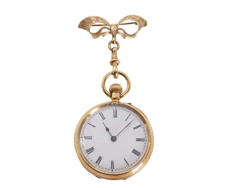 An 18ct gold top wind open faced fob watch, with a 38mm diameter case, engraved verso, a white enamel dial, black Roman numer