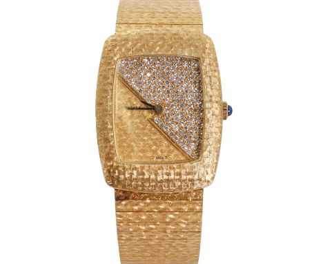 An 18ct gold diamond set mechanical bracelet watch,  with a 27 x 32mm cushion-shaped case, a diamond set dial, blued pencil h