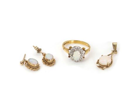 A small group of opal jewellery,  comprising an 18ct gold opal and diamond cluster ring,  London 1971, ring size M, together 