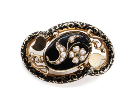 A Victorian split pearl and enamel mourning brooch, with a split pearl set forget me not motif to an oval ground, into a scro
