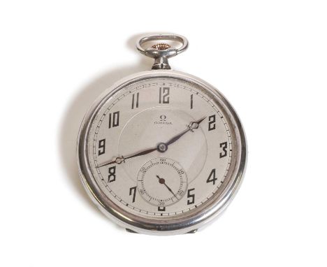 A silver top wind open faced Omega pocket watch, with a 47mm diameter case, with an enamel and hand engraved presentation ins
