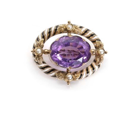 A Victorian amethyst and enamel brooch, an oval cut amethyst, approximately 16.5mm x 12.5mm, with a scalloped setting, to spl