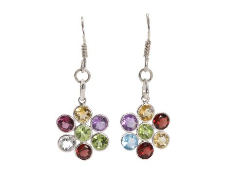 A pair of varicoloured gemstone floral earrings, each formed by a floral cluster of spectacle set varicoloured gemstones, to 