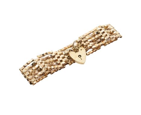 A 9ct gold gate bracelet, with five rows of alternating crimped and twisted links, to a heart padlock clasp and safety chain,