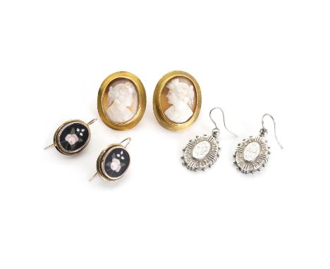 A group of three pairs of gold and silver earrings, comprising a pair of shell cameo stud earrings, with an oval shell cameo 
