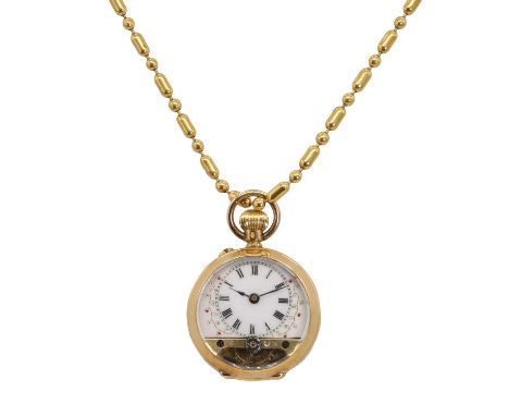 An 18ct gold top wind open face fob watch and a gold plated chain,  with a 27mm diameter case, a white enamel dial with gilt 