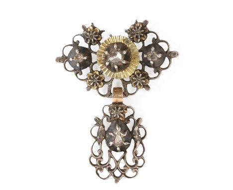 An antique rose cut diamond jewel, late 18th century - early 19th century; pendant drop of an earlier devant de corsage brooc