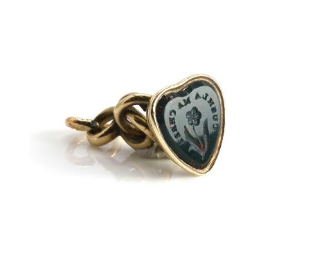 An antique bloodstone fob seal pendant, the heart shaped bloodstone matrix carved with the Gaelic inscription 'Cushla ma chre