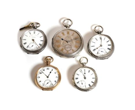 A group of silver and rolled gold open faced pocket watches, comprising a silver key wind open faced pocket watch, with a 62m