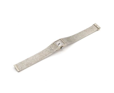 A ladies' 9ct white gold Bueche Girod mechanical bracelet watch, with a square case, 14.70 x 14.70mm, a silvered textured dia