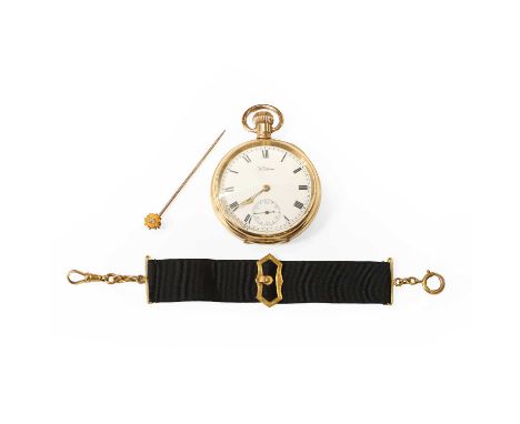 A rolled gold Waltham 'Riverside' open faced pocket watch,  with a 50mm case. A white enamelled dial with black Roman numeral