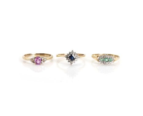 A group of three 9ct gold gem set rings, comprising:a 9ct gold pink sapphire and diamond ring,London 1991, together with a 9c