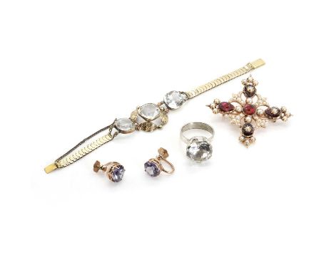 A group of gold and silver gemstone set jewellery, a pair of synthetic sapphire screw back earrings, 10mm diameter, a rock cr