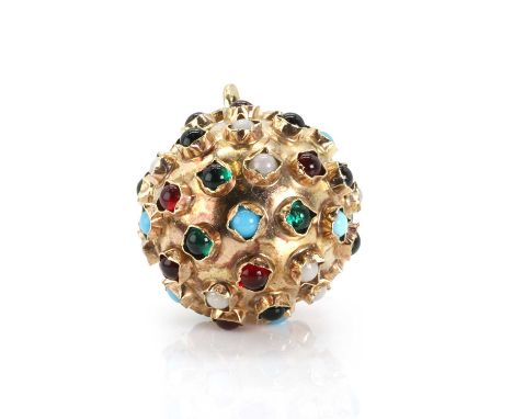 A 9ct gold 'Sputnik' charm,  set with assorted imitation paste gemstones in crimped settings. Import hallmark, London 1965. 4