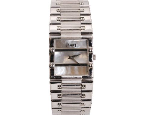 An 18ct white gold Piaget Dancer quartz bracelet watch,  ref. 80317K81, with a square case 23 x 23mm, a mother of pearl dial,