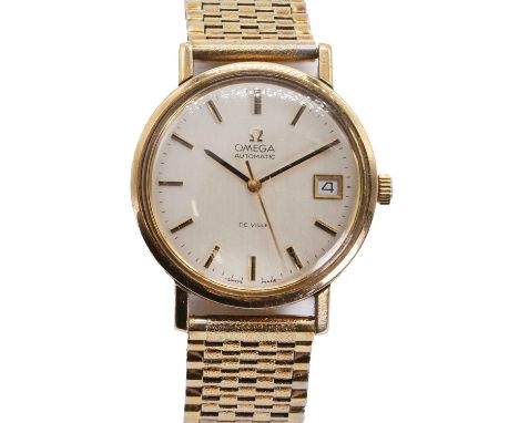 A 9ct gold Omega De Ville automatic bracelet watch,  with a 35mm diameter case, a silvered dial, black baton hands, centre se