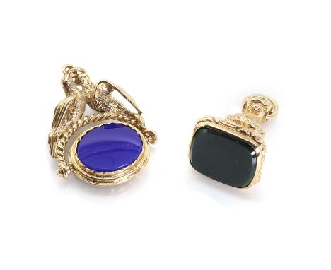 Two 9ct hardstone seals,  a 9ct gold bloodstone seal, 26mm long, 8.84g, and a 9ct gold onyx and stained chalcedony swivel sea