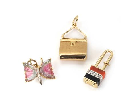 A coral, onyx and diamond padlock charm or pendant,  tested as approximately 14ct gold, 25mm long, 2.82g, an Italian handbag 