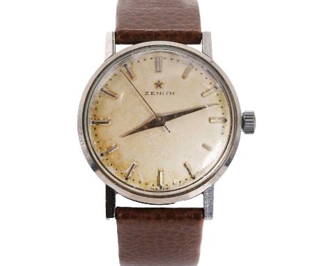 A gentlemen's stainless steel Zenith mechanical strap watch, c.1950's, with a silvered dial, raised silvered baton, spade han