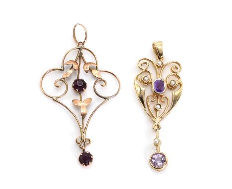 An Art Nouveau scrolling wire and leaf pendant, set with two purple paste, marked 9CT. 1.46g, 47 x 25mm, together with a 9ct 