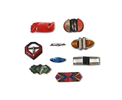 A collection of Art Deco, Mid Century and silver buckles, comprising:Two Art Deco buckles,a polychrome basse taille enamel bu