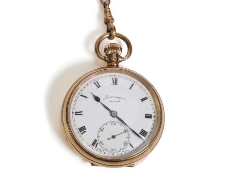 A 9ct gold open faced pocket watch and chain, 48mm in diameter, with a presentation inscription to verso, a white enamel dial