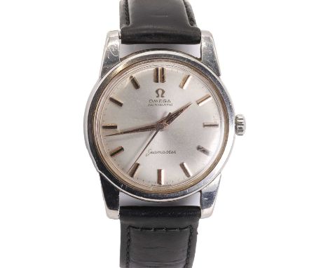 A stainless steel Omega Seamaster automatic strap watch,  with a 33mm diameter case, a silvered dial, gilt and black baton ho