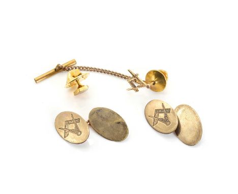 A pair of 9ct gold masonic cufflinks and a 9ct gold masonic pin, the cufflinks with oval terminals, each with one engraved sq