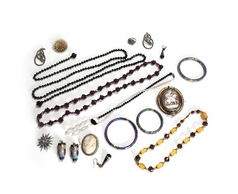A collection of vintage costume jewellery, to include a pair of agate drop earrings, fittings tested as approximately 14ct go