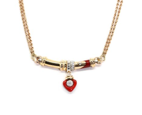 An 18ct gold diamond and enamel drop necklace, by la Nouvelle Bauge, with a heart shaped red enamel drop, grain set to the ce