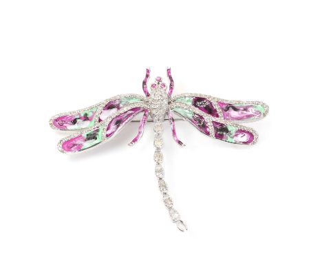 An enamel, diamond and pink sapphire dragonfly brooch/pendant, in the form of a dragonfly, with a diamond set body and abdome