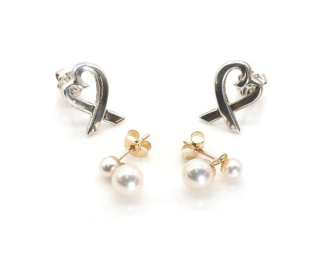 A pair of 9ct gold cultured pearl earrings and a pair of silver Tiffany stud earrings, untested, with a cultured pearl stud, 