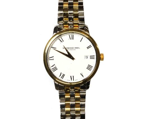 A stainless steel Raymond Weil quartz bracelet watch,  with a 41mm diameter case, a white dial, black Roman numerals, date ap