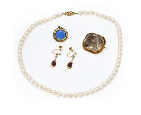 A group of gold and cultured pearl jewellery, comprising a circular memorial pendant, 21mm diameter, tested as approximately 