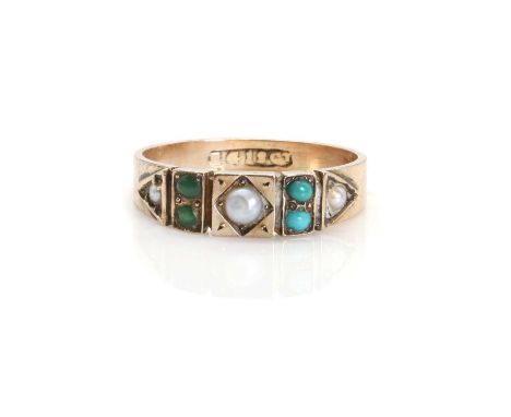 An Edwardian turquoise and split pearl ring,  with split pearls alternating to a double row of round turquoise cabochons, all