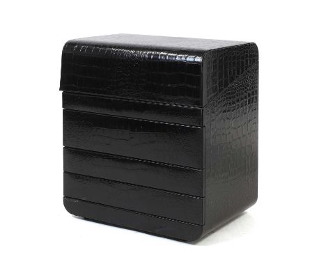A Renzo Romagnoli watch trunk. of recent manufacture, the exterior in black leather with embossed crocodile effect, chromed h