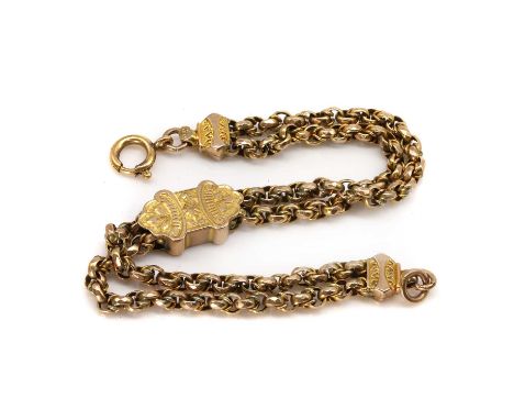 A Victorian two row Albertine,  with two rows of faceted belcher and knot link chain held by decorative end caps, with a hand