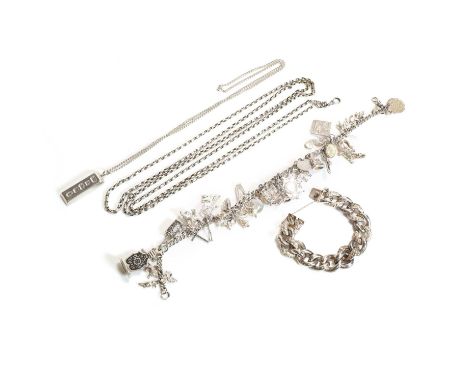A group of silver chains, comprising a hollow curb link bracelet, with a concealed box clasp and curb link safety chain, 170m