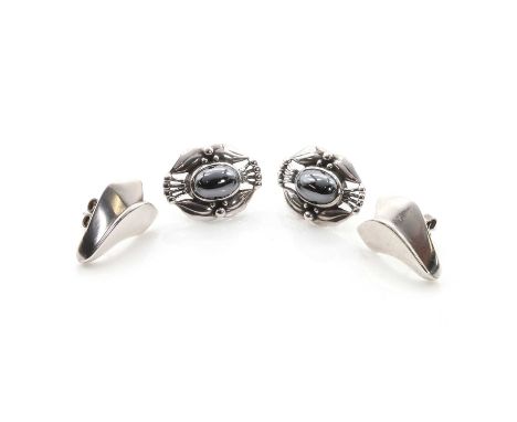 Two pairs of sterling silver stud earrings by Georg Jensen, a pair of sterling silver and haematite earrings, by Georg Jensen