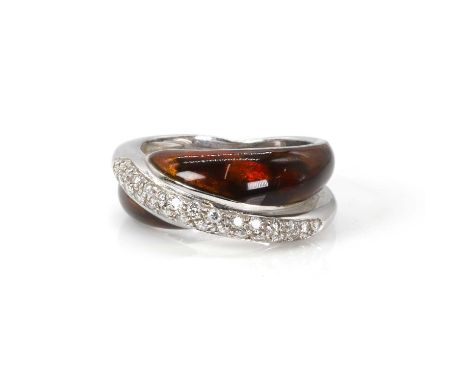 A white gold diamond and enamel ring, by La Nouvelle Bague,  designed as two-row crossover band, one row pave set with round 