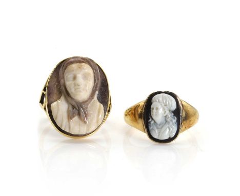 Two hardstone cameo rings, a sardonyx cameo ring, depicting the tree-quarter portrait of a lady, bezel set to a closed back m
