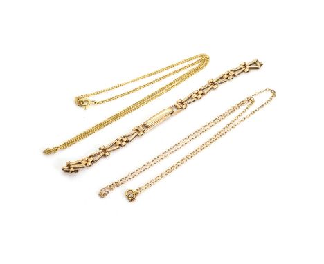 A small group of gold jewellery, a 9ct gold ladder snap watch bracelet, 130mm long, London 1959, a trace link chain, unmarked
