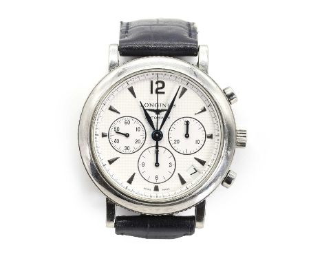 A gentleman's stainless steel Longines automatic chronograph watch, with a 44 diameter case, a white enamel dial, silvered Ar