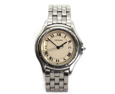 A stainless steel Cartier Cougar quartz bracelet watch,  ref. 987904, with a 33mm diameter case, a cream dial, black Roman nu