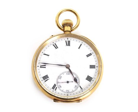 An 18ct gold top wind open faced pocket watch, with a 48mm diameter case, a white enamel dial, black Roman numerals, blued sp