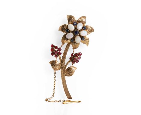 An opal, sapphire and ruby floral brooch, with a central cluster of oval cabochon opals and round mixed cut sapphires set to 