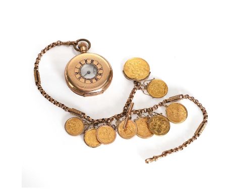 An Albert chain suspending a group of sovereign coins, with a faceted belcher and bar link Albert chain, 385mm long, stamped 