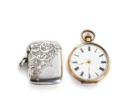 A 9ct gold fob watch and a silver vesta case, with a 35mm diameter case, engraved verso, a white enamel dial, black Roman num